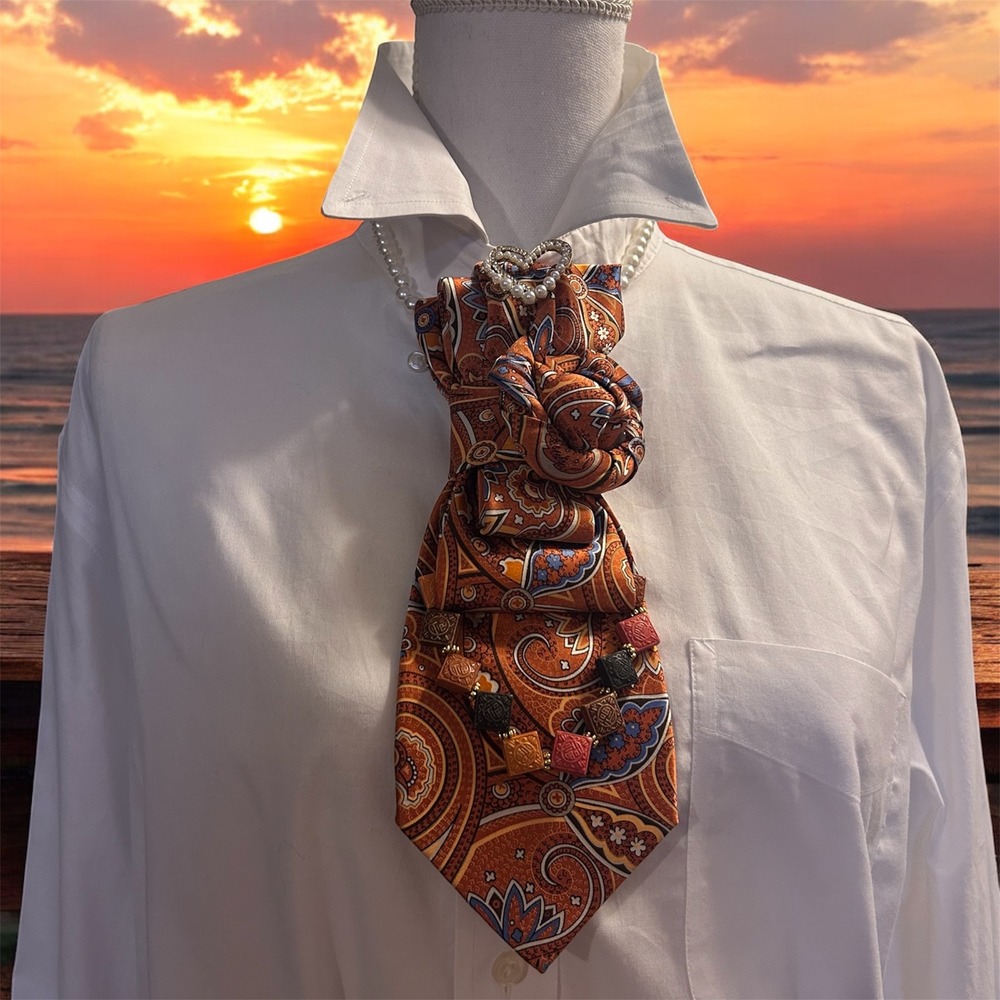 Geoffrey Beene Repurposed Silk Tie Necklace and Earring Set Orange Paisley Boho